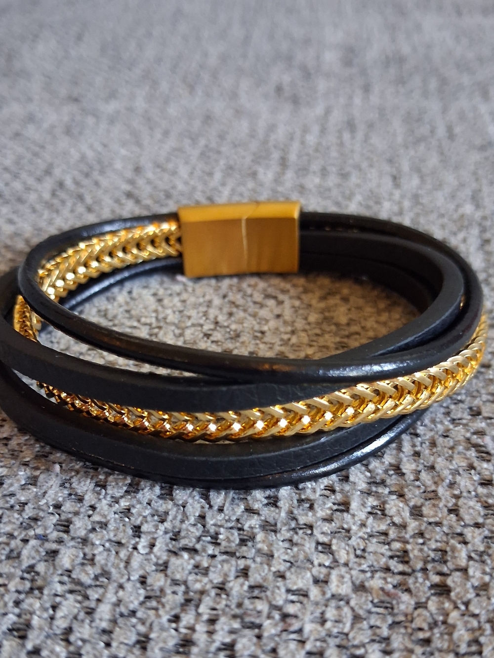 Black Leather Wrap Bracelet with Gold Braided Accent